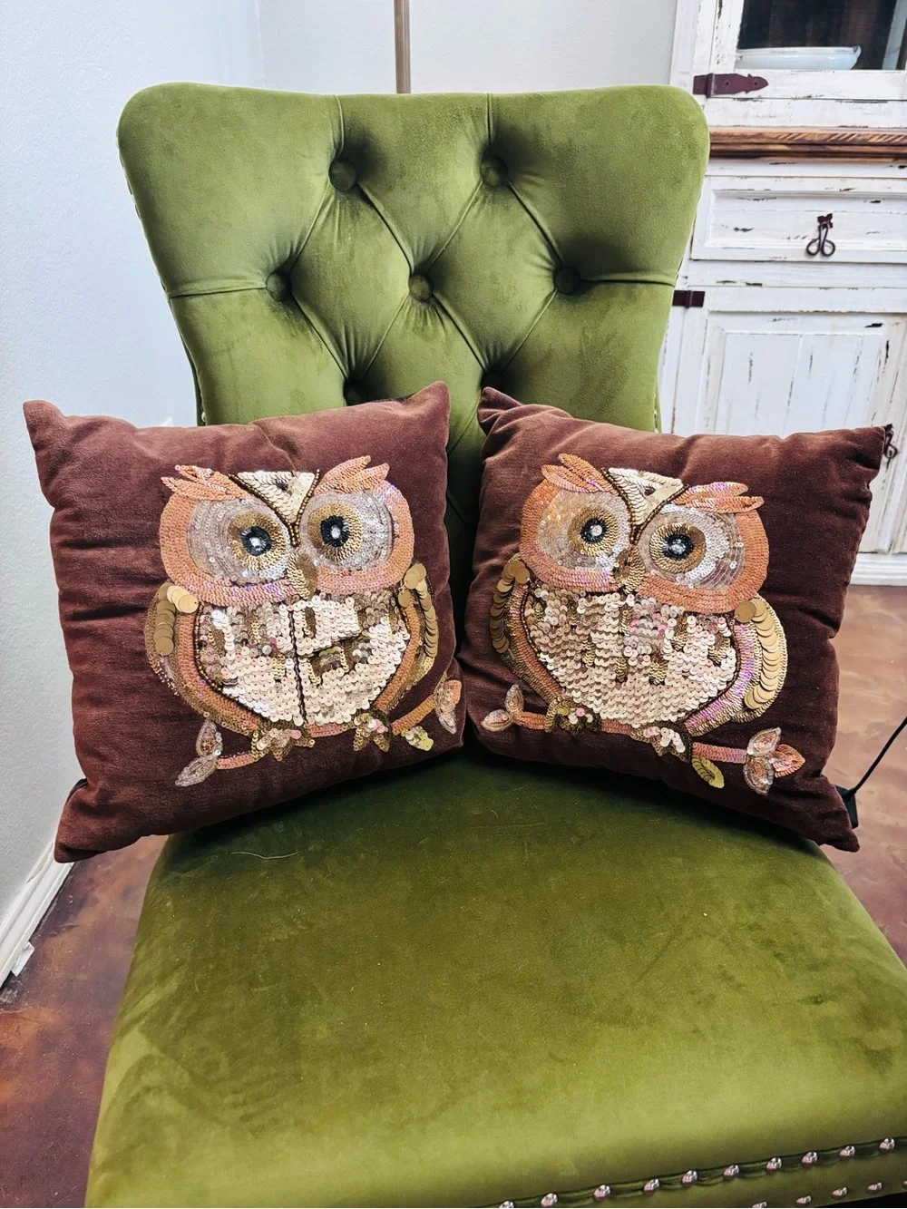 Pier 1 Owl Sequin Throw Pillows Pair Brown 14x14 Sequins Eclectic Woodland Glam
